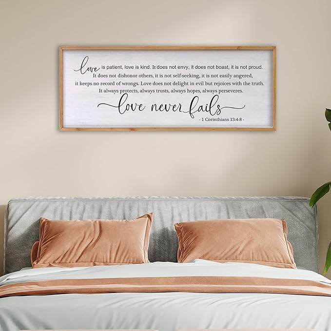 Love is Patient Love is Kind Wall Art 24×10 Inch Bible Verse 1 Corinthians 13 Christian Hanging Wood Framed Decor Sign (Wood)