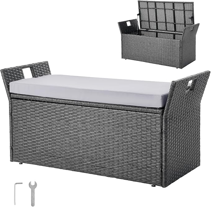 VEVOR Outdoor Storage Bench, 2-Person PE Rattan Storage Bench, 40 Gal Deck Box with Cushion & Side Handle, Supports up to 400 lbs, Weatherproof Outdoor Seating & Porch Decor for Patio Garden Balcony