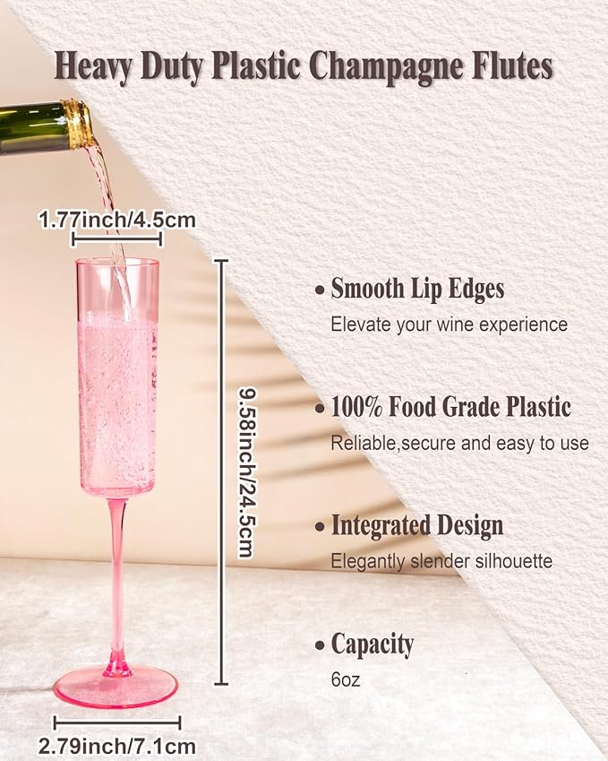 Ciaell 24 Pack Pink Plastic Champagne Flutes - Pink 6 Oz Disposable Champagne Glasses - Square Plastic Toasting Glasses for Party Birthday Anniversary Wedding