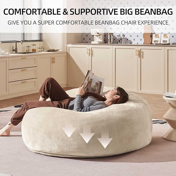 Bean Bag Chair 4Ft, Memory Foam Filled, Large Beanbag Chairs for Adults and Teens, Soft Sofa with Removable Flannel Cover, Round Couch for Living Room Bedroom College Dorm (Apricot, 4FT-47×47"×24")