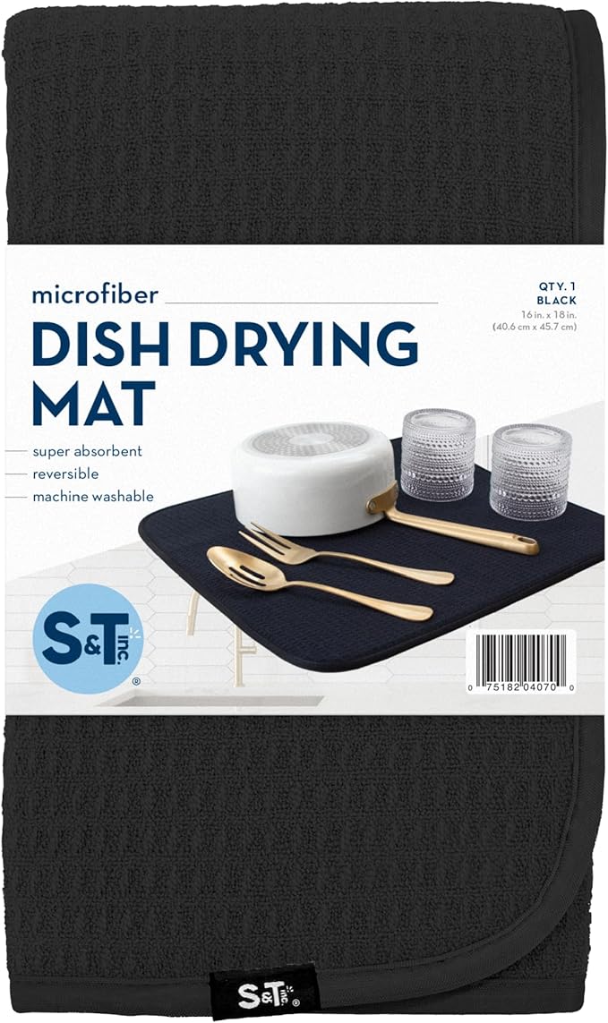 S&T INC. Dish Drying Mat, 16” x 18”, Absorbent Microfiber Kitchen Counter Mat, Dish Drying Pad for Dishes, Utensils, Pots and Pans, Large, Black