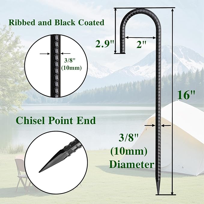 16 Inch Rebar Stakes J Hook 26 Pack Ground Stakes Heavy Duty Tent Stakes with Chisel Point End Chain Link Fence Stakes Galvanized Steel Ground Anchors Metal Spikes Black Coated
