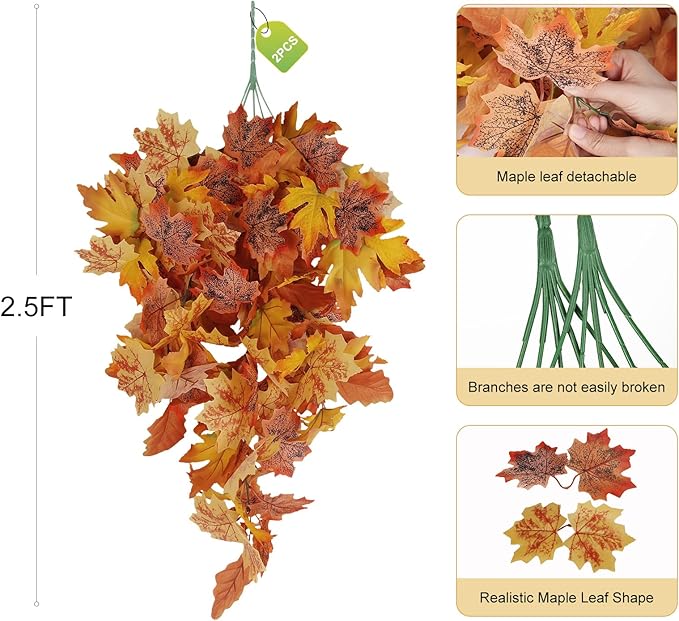 RECUTMS Fall Leaves Fall Decorations for Home Clearance Fall Decor Leaf Fall Decorations Fall Decorations for Home Thanksgiving Decorations Hanging Plants Indoor Artificial Wall Decor(Orange)