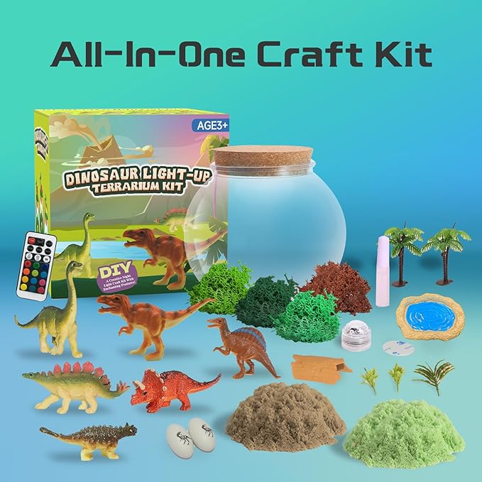 Dinosaur Light-Up Terrarium Kit for Kids- Birthday Gifts for Boys Ages 4 5 6 7 8-12 Year Old- Dinosaur Toys for Boys with Multicolor LED Light & Remote