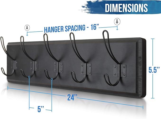 HBCY Creations Black Rustic Coat Rack Wall Mount with 5 Hooks, Solid Pine Wood 24 inch Wall Hooks for Entryway, Mudroom, Hallway, Bathroom - Vintage Farmhouse Style Wall Mounted Towel Rack