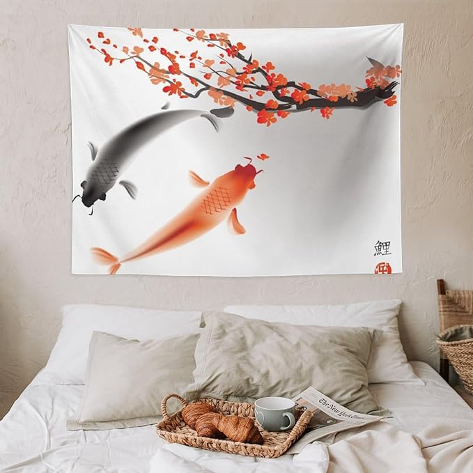 Japanese Koi Fish Tapestry, Cherry Blossoms Asian Oriental Flower Branch Koi Fish Carp Tapestries Wall Hanging for Bedroom Living Room Office Decor 40"x30"