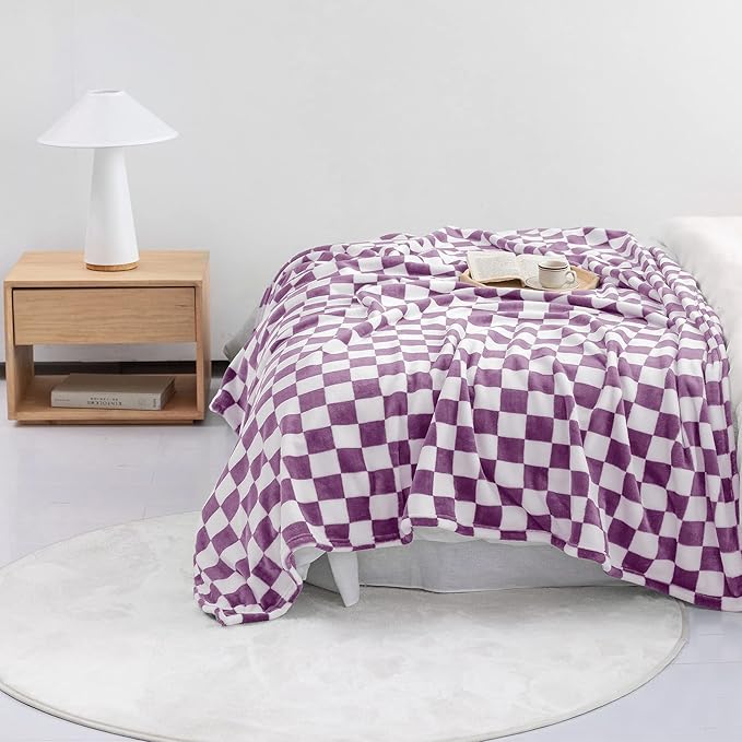 LOMAO Throw Blankets Flannel Blanket with Checkerboard Grid Pattern Soft Throw Blanket for Couch, Bed, Sofa Luxurious Warm and Cozy for All Seasons (Purple, 50"x60")