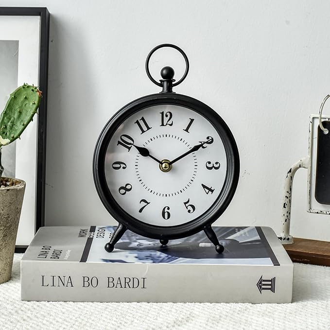 Vintage Non-Ticking Black Table Clock with Stand, Decorative Clock for Desk and Shelf, Rustic Farmhouse Style Mantel Timepiece