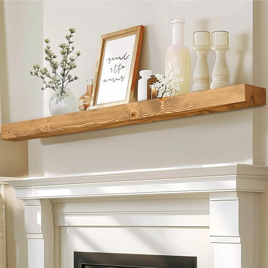 72x7x3 Fireplace Mantel - Solid Rustic Wood - Wall Mounted Floating Shelf with Invisible Heavy Duty Steel Bracket (Natural Wood)