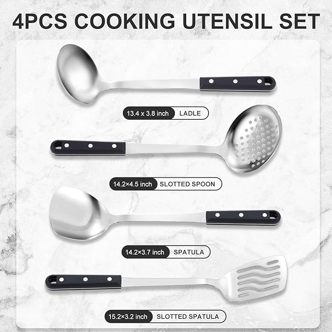 Pleafind 4-Pcs Cooking Utensils Set, Stainless Steel Kitchen Utensils, Mirror Polished Kitchen Essentials Set Include Wok Ladle, Slotted Spoon, Wok Spatula ＆Slotted Spatula, Dishwasher Safe