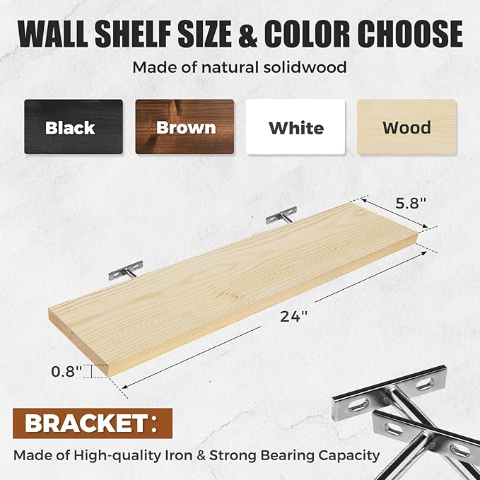 Floating Wall Shelves 3-Pack - 24-Inch Rustic Wooden Shelves for Storage and Décor, Easy Installation for Living Room, Bedroom, and Kitchen