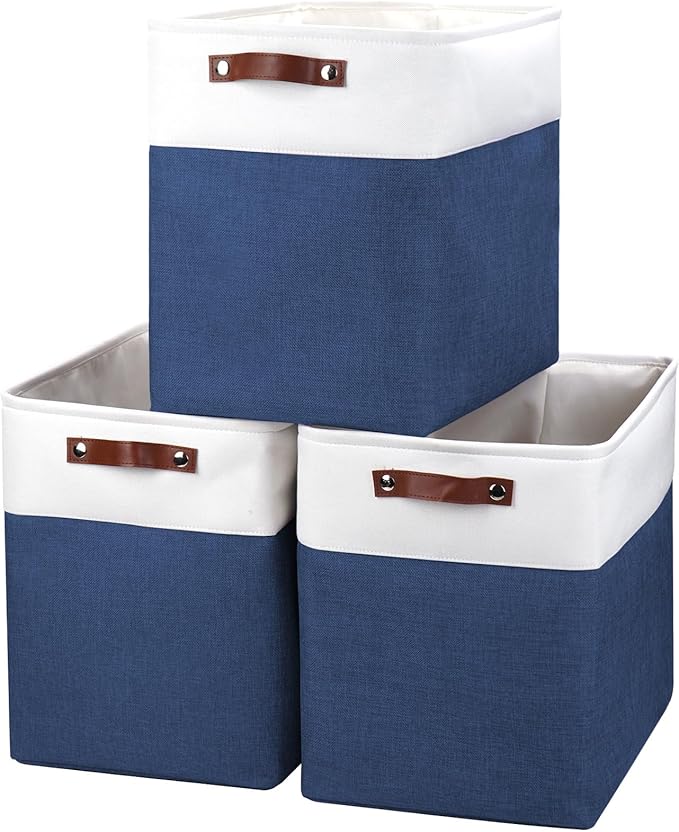 Large Fabric Storage Baskets | 50L Storage Bins, Decorative Linen Closet Baskets with Handles for Organizing, Shelf, Toys, Clothes, Home, Office, Nursery, 17x12x15Inches (Navyblue&White)