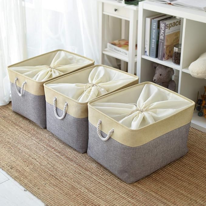 TheWarmHome Storage Bins Baskets for Organizing - Extra Jumbo 3 Pack 20.5Lx15.7Wx13.8H Sturdy Fabric Storage Basket for Shelves, Decorative Foldable Closet Nursery Toy (Gold&Grey)