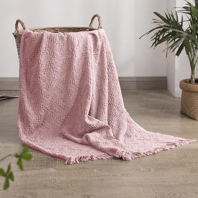 Simple&Opulence 100% Cotton Throw Blanket for Bed, Couch, Boho Luxury Geometric Knit Woven Blanket with Tassels Soft Lightweight Cozy Breathable, Vintage Farmhouse Decoration for All-Season(Pink)