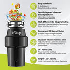 DC Garbage Disposal 3/4 HP Quiet (60dB) with Cord & Dishwasher Hookup for Kitchen Sink Food Waste, 6-Stage Grinding, 3-Bolt, 2700RPM, Continuous Feed, Titanium Stainless Steel, 10-Year Warranty