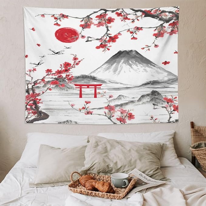 Red Cherry Blossoms Tapestry, Japanese Fuji Mountain Tapestry, Asian Japanese Wall Tapestry, Nature Landscape Tapestries for Bedroom Living Room Decor 80"x60"