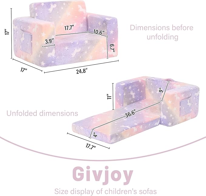 Toddler Chair Kids Couch, 2-in-1 Toddler Soft Sherpa Couch Fold Out Armchair with Removable Cover, Convertible Reading Chair Toddler Sofa for Kids, Glow in The Dark Purple Horse