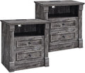 26" Tall Farmhouse Nightstand Set of 2, 2 Drawers End Table w/Charging Station, 23.6" Wide Large Side Table w/Roman Column, Wood Rustic Sofa Table w/Open Shelf, Bedside Table for Bedroom, Light Gray