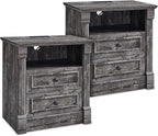 26" Tall Farmhouse Nightstand Set of 2, 2 Drawers End Table w/Charging Station, 23.6" Wide Large Side Table w/Roman Column, Wood Rustic Sofa Table w/Open Shelf, Bedside Table for Bedroom, Light Gray