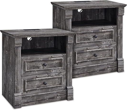 26" Tall Farmhouse Nightstand Set of 2, 2 Drawers End Table w/Charging Station, 23.6" Wide Large Side Table w/Roman Column, Wood Rustic Sofa Table w/Open Shelf, Bedside Table for Bedroom, Light Gray