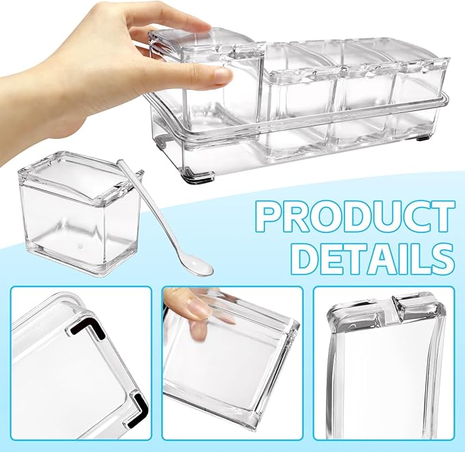 4-Cell Clear Seasoning Rack Spice Box, Storage Container Condiment Jars Acrylic Seasoning Box with Cover and Spoon (Enhanced Version Clear)