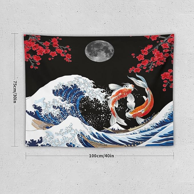 Houselerax Japanese Koi Fish Tapestry, Yin Yang Big Wave Red Cherry Blossom Tapestries Wall Hanging for Bedroom Living Room Office Decor 40"x30"