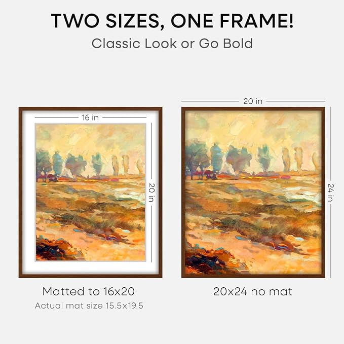 Homeforia 20x24 Picture Frame Brown, High End Dark Oak 20x24 Walnut Wooden Poster Frames with Mat 16x20, 20 x 24 Wood Frame Matted to 16 by 20, 24x20 Hanging Frames, Tempered Glass, Wall Kit, Set of 1