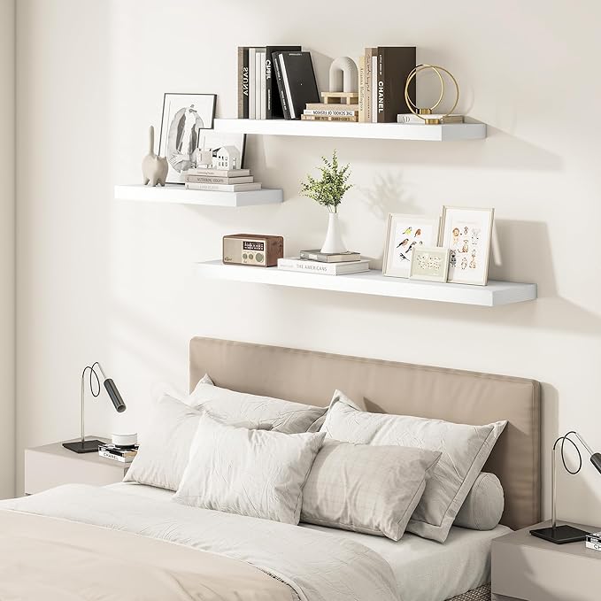 White Floating Shelves for Wall, 36 Inch X 12 Deep Shelves for Room Wall Mounted，2" Thick Heavy Duty Holds 65lbs Floating Shelf for Bedroom Bathroom Kitchen Laundry Room, Set of 2