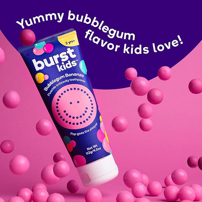 BURST Bubblegum Bonanza Kids Toothpaste with Fluoride (4oz) | Great Tasting | Flavored for Children & Toddlers | Anticavity | Dye Free & Vegan | Safe for Kids Ages 2+