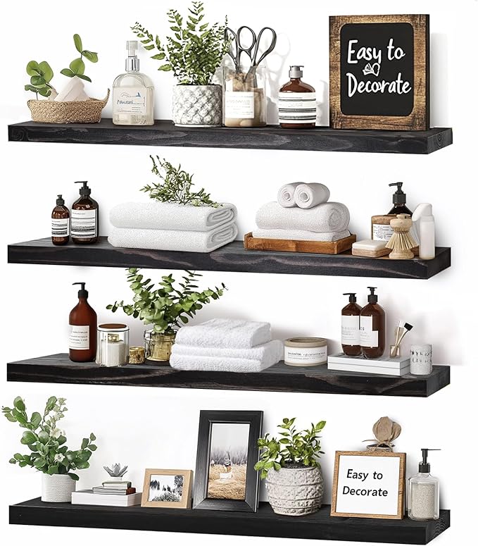 Floating Wall Shelves 4-Pack - Rustic Black 16-inch Wooden Wall Shelves for Storage and Décor, Multi-Functional and Easy to Install for Living Room, Bedroom, and Kitchen