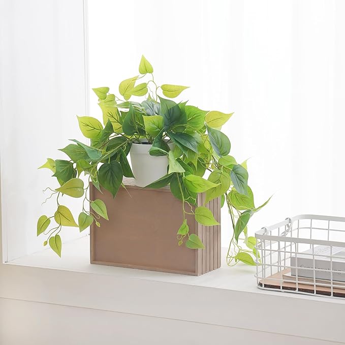 Tiita 1 Pack Fake Plants Artificial Scindapsus Aureus in Pots, Realistic Fake Greenery Potted Plants for Home Office Desk Window Sill Bathroom Bedroom Outdoor Indoor
