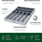 ROYAL CRAFT WOOD Luxury Bamboo Kitchen Drawer Organizer - Silverware Organizer - Utensil Holder and Cutlery Tray with Grooved Drawer Dividers for Flatware and Kitchen Utensils (7 Slot, Gray)