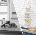 Hanging Baskets for Organizing, 3 Tier Detachable Wall Hanging Fruit Basket Over the Door Organizer for Fruit Vegetable Plant, Beige Boho Cotton Crocheted Fruit Holder for Kitchen Bathroom Bedroom