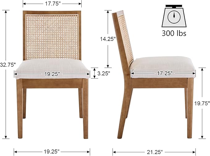 VESCASA Upholstered Dining Chairs with Square Rattan Back, Armless Padded Linen Cushion Dining Chairs with Wood Legs for Dining Room, Kitchen, Set of 4, Natural Frame