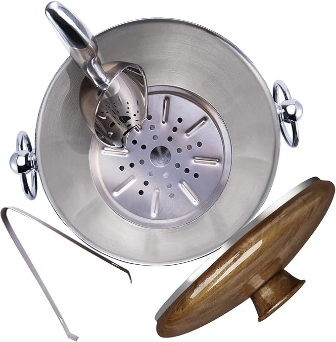 Ice Bucket with Lid, Scoop, Tongs and Strainer - Well Made Insulated Stainless Steel Keep Ice Frozen Longer - Ideal for Cocktail Bar, Parties, Chilling Wine, Champagne - 3 Liter (Teakwood)