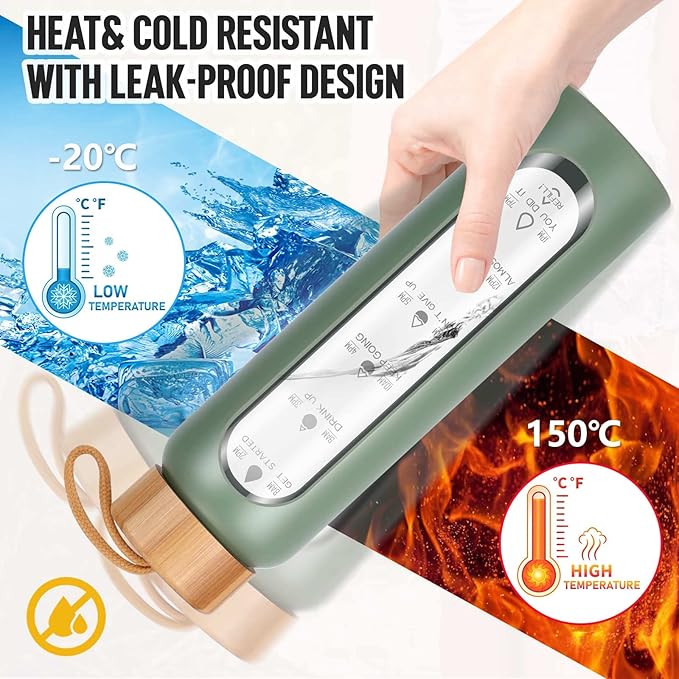 Aqulea Glass Water Bottles 32 Oz with Silicone Sleeve - BPA Free Reusable Wide Mouth Glass Motivational Water Bottles with Fruit Infuser – Leak Proof Borosilicate Water Bottle with Time Marker (Green)