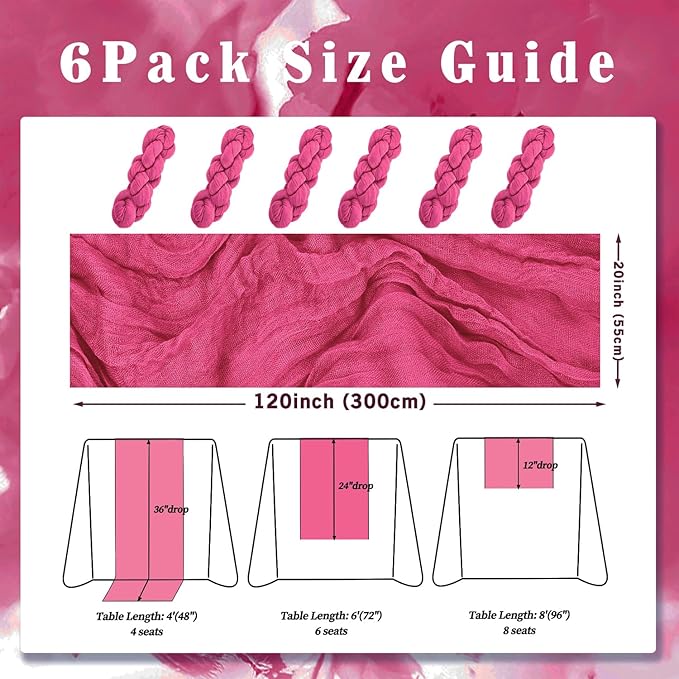 Hot Pink 6 Pack Cheesecloth Table Runner 10FT Boho Fabric Rustic Cheese Cloth Table Runner for Wedding 20 x 120 Inch Long Bridal Shower Baby Shower Gauze Sheer Birthday Party Table Decorations