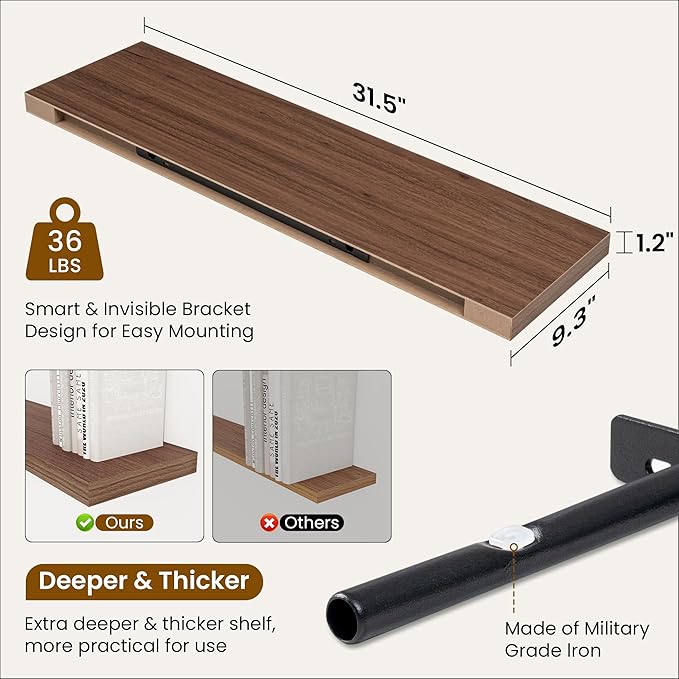 Fun Memories Floating Shelves for Wall, 32 Inch Rustic Wood Wall Mounted Shelves for Bathroom, Bedroom, Kitchen, Living Room, Deep Floating Shelves for Storage & Home Decor (Walnut, Set of 2)