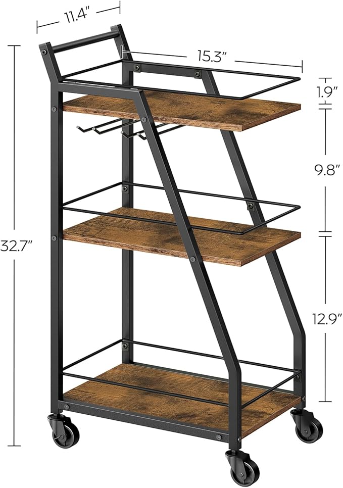 Bar Cart, 3-Tier Bar Cart for The Home, Home Bar Serving Cart with Glass Holders, Beverage Cart for Kitchen, Dining, Party Room, Rustic Brown and Black BC03BR