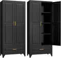 75" Kitchen Pantry Cabinet with Drawer, Metal Storage Cabinets with Doors and 4 Adjustable Shelves,Black Kitchen Cabinet with 2 Gold Handles,Food Cupboard for Livingroom,Pantry