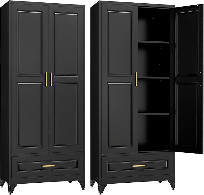 75" Kitchen Pantry Cabinet with Drawer, Metal Storage Cabinets with Doors and 4 Adjustable Shelves,Black Kitchen Cabinet with 2 Gold Handles,Food Cupboard for Livingroom,Pantry