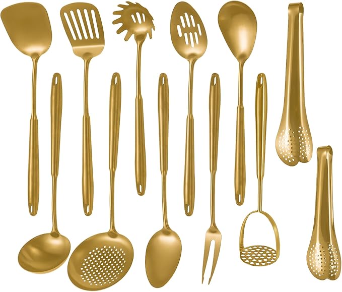 304 Stainlss Steel Matte Kitchen Utensils Set, 12 Pcs Long Metal Cooking Utensil Gadgets Tools Set with Spatula, Ladle, Spoon, Ladle, Skimmer, Tunner, Pasta Server, Tongs(Gold, Dishwasher Safe)