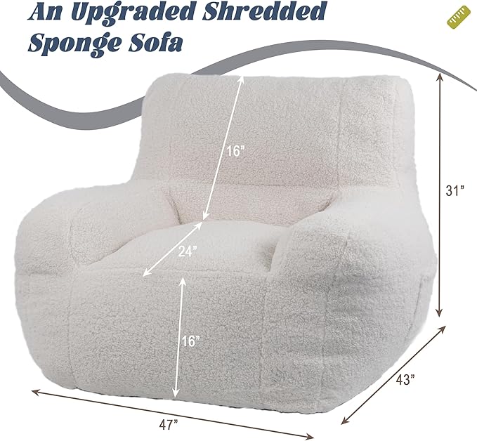 Giant Bean Bag Chair, Lambswool Bean Bag Chair for Adults, Eco-Friendly Filling Soft Bean Bag, White Been Bag for Bedroom, Living Room