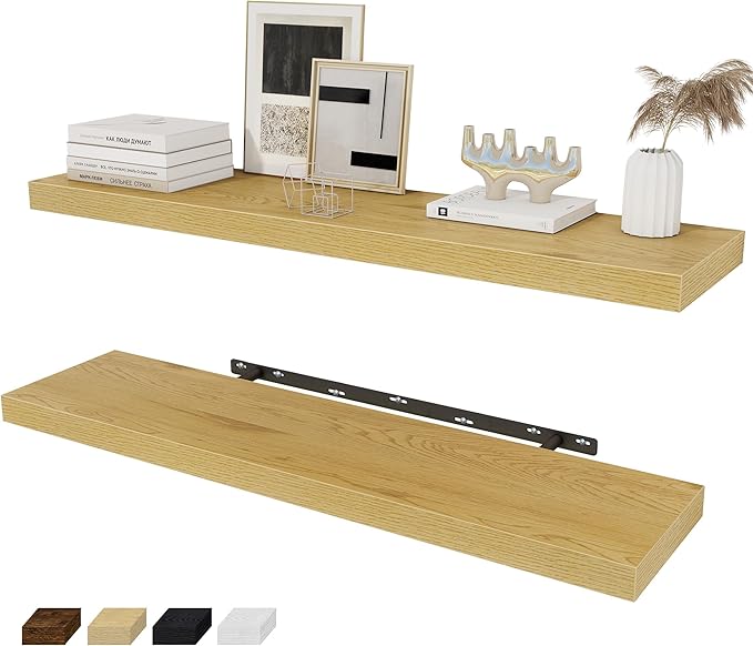 Fun Memories 36 x 8 Inch Floating Shelves for Wall, Farmhouse Bathroom Shelves Set of 2, Wood Wall Shelves 36 Inch Long, 36 x 8 x 1.4 Inch, Oak Color