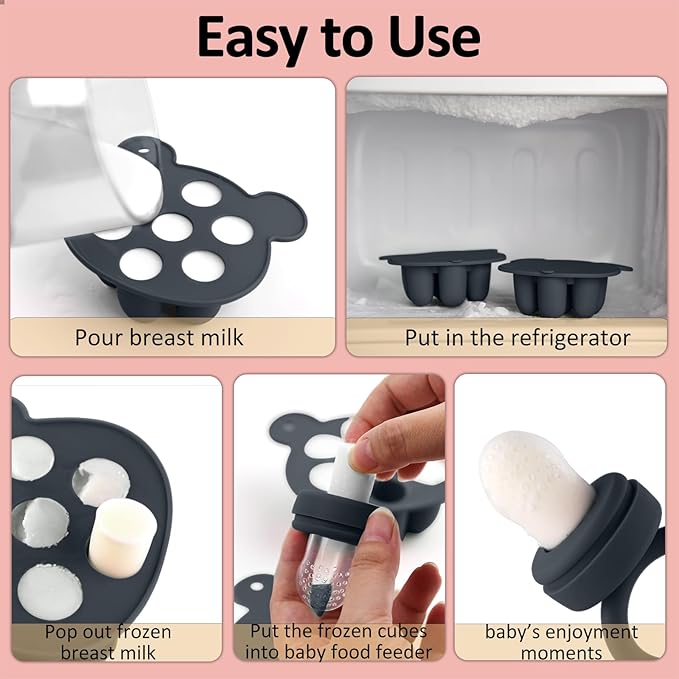 JEXFUN Silicone Baby Food Feeders + Freezer Tray for Batch Prep, Introduce New Foods Safely, Double as Silicone Teething Toys, BPA Free Silicone Feeder for Safe Infant Self Feeding - (Dark Grey)