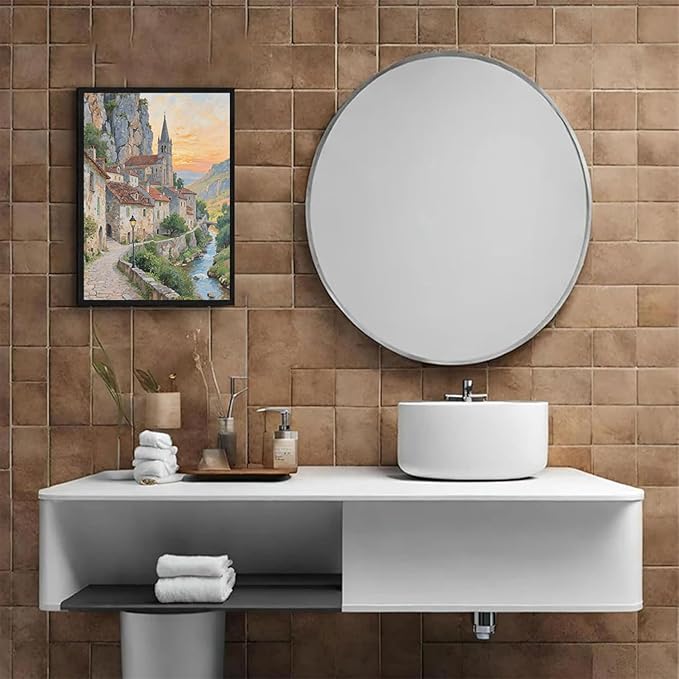 Small town scenery poster on the bank of the mountain stream is suitable for living room bedroom and office natural oil painting poster