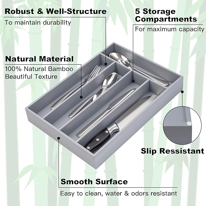 Bamboo Silverware Holder - Drawer Organizer with 5 Slots (Gray)