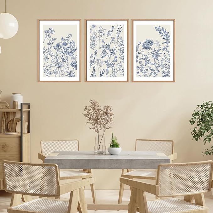 HPINUB Classic Chinoiserie Floral Framed Canvas Wall Art Set,Watercolor Blue and White Botanical Flowers Wall Decor,Navy Blue Minimalist Wildflower Art Print for Living Room,Bedroom,Office-24x36x3