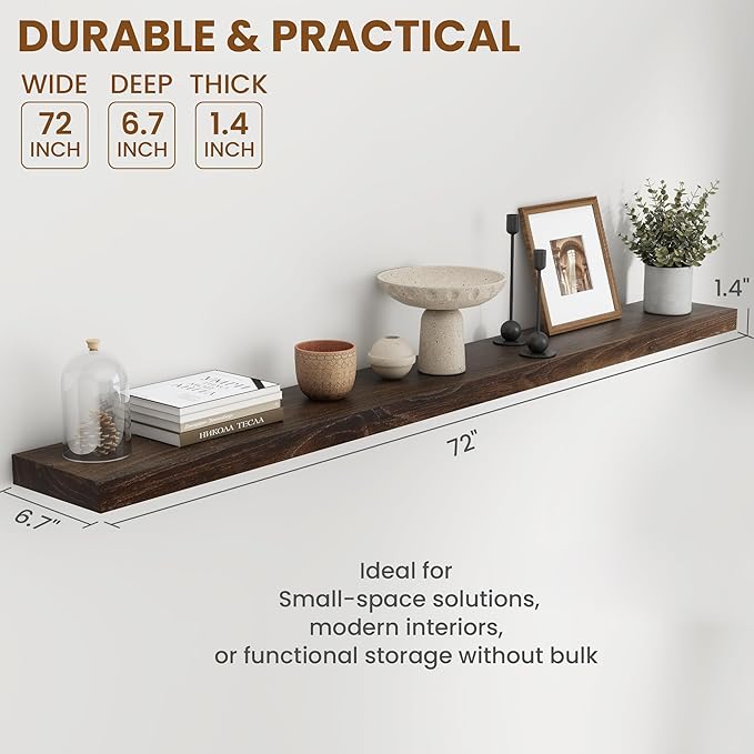 72" Floating Shelves for Wall, Rustic Elm Wood Floating Shelf for Home Decor, Wall-Mounted Display Shelves with Heavy-Duty Bracket, Long Floating Shelf for Bathroom, Kitchen, Living Room, Walnut Color
