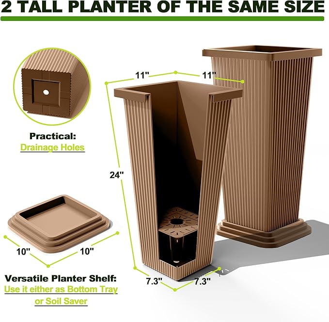 FENCY Set of 2 Tall Planters for Outdoor Plants, 24 Inch Large Tapered Pots with Drainage Trays, Weather-Resistant Plastic Plant Containers for Patio, Porch, Garden, Front Door Decor,Brown, Striped